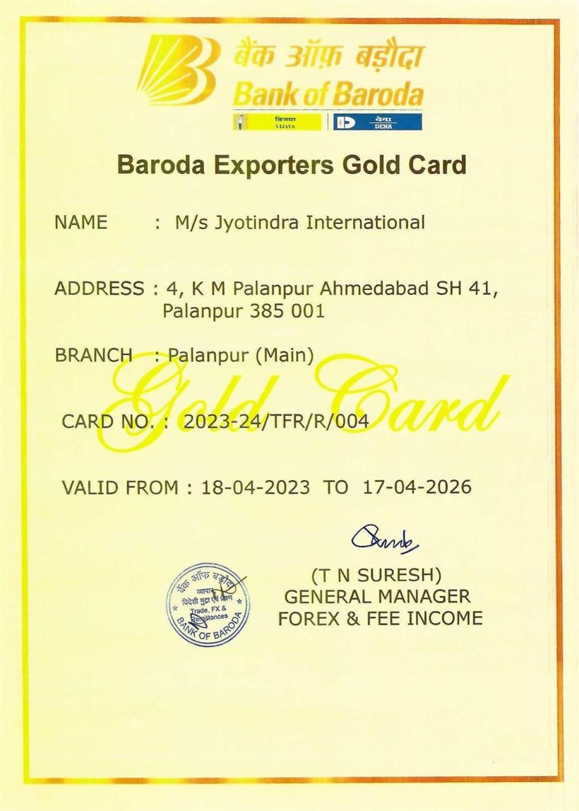 Bank of Baroda exporters gold card certificate