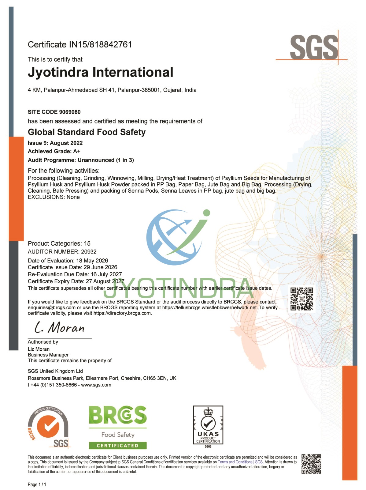 BRCGS Global Standard Food Safety certificate