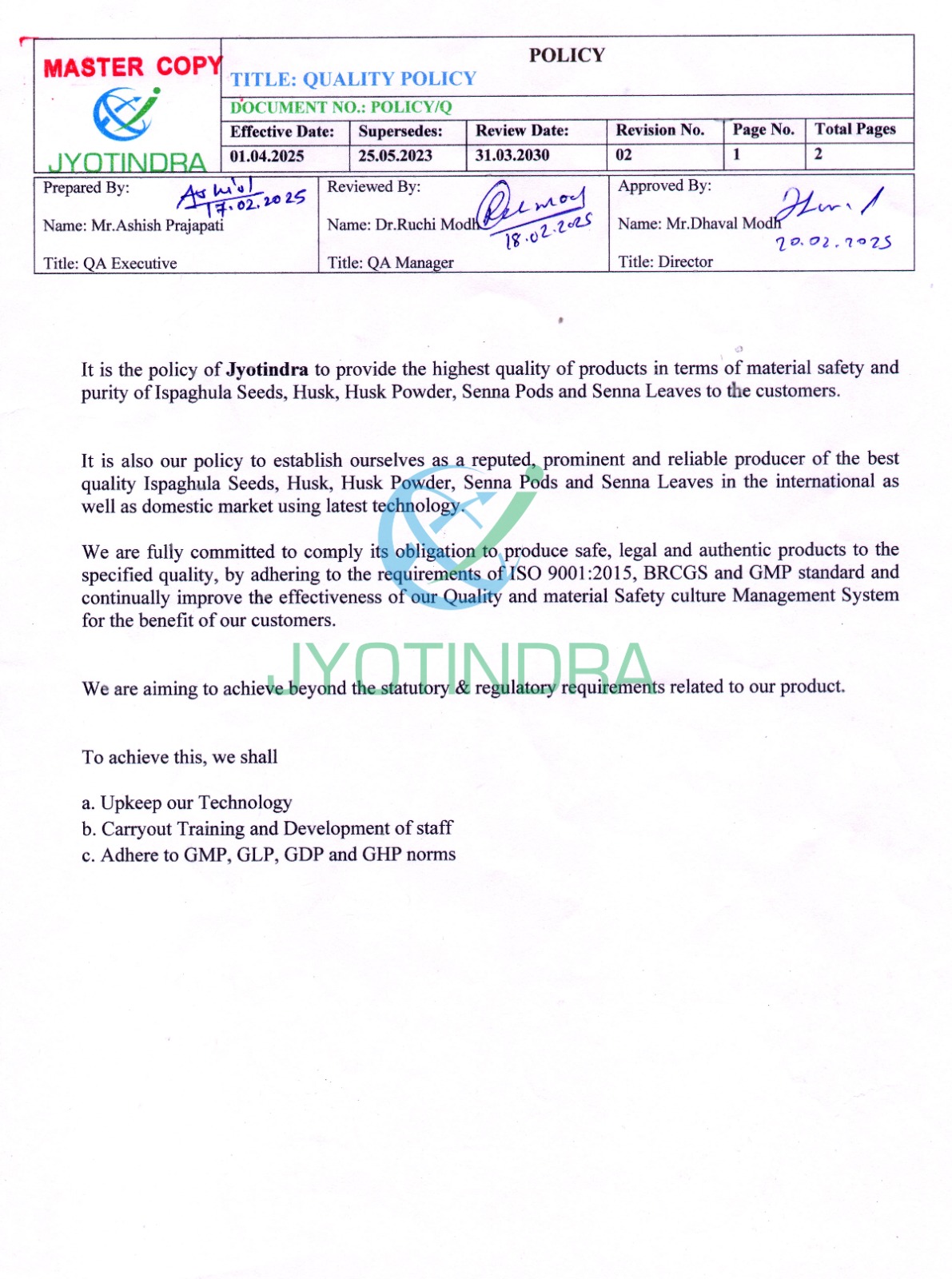 Quality and food safety policy document
