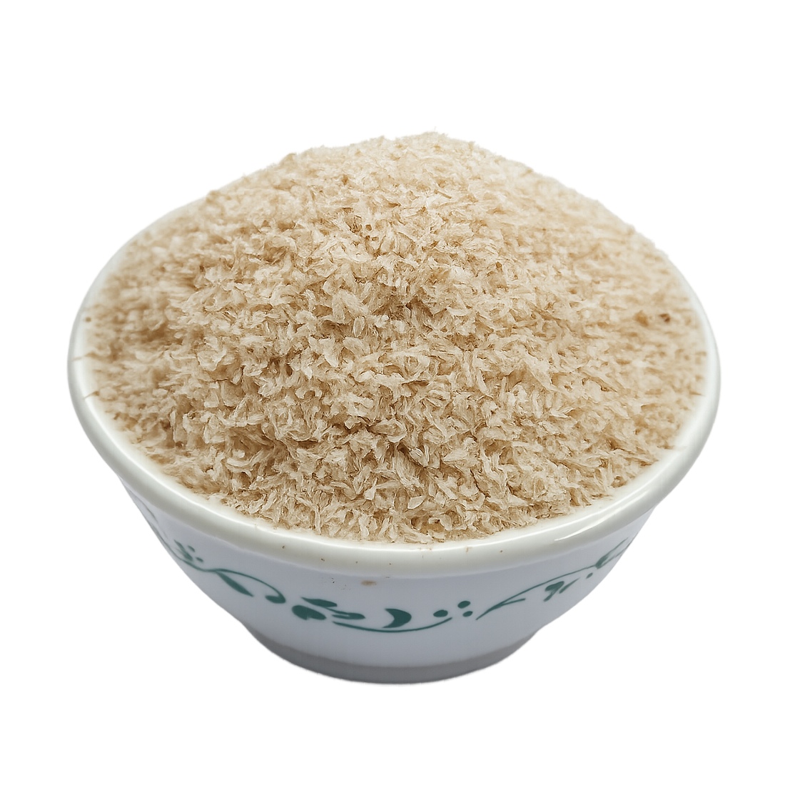 Psyllium husk in a patterned white ceramic bowl
