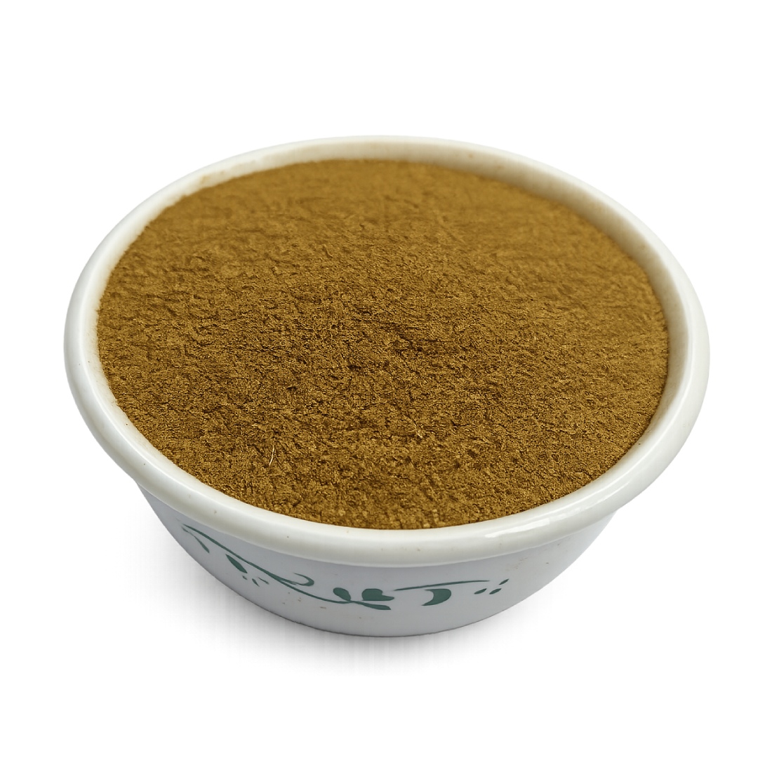 Senna pods powder in a patterned white ceramic bowl