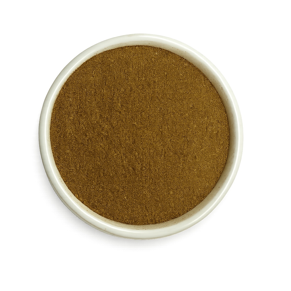 Top view of senna pods powder in a white ceramic bowl