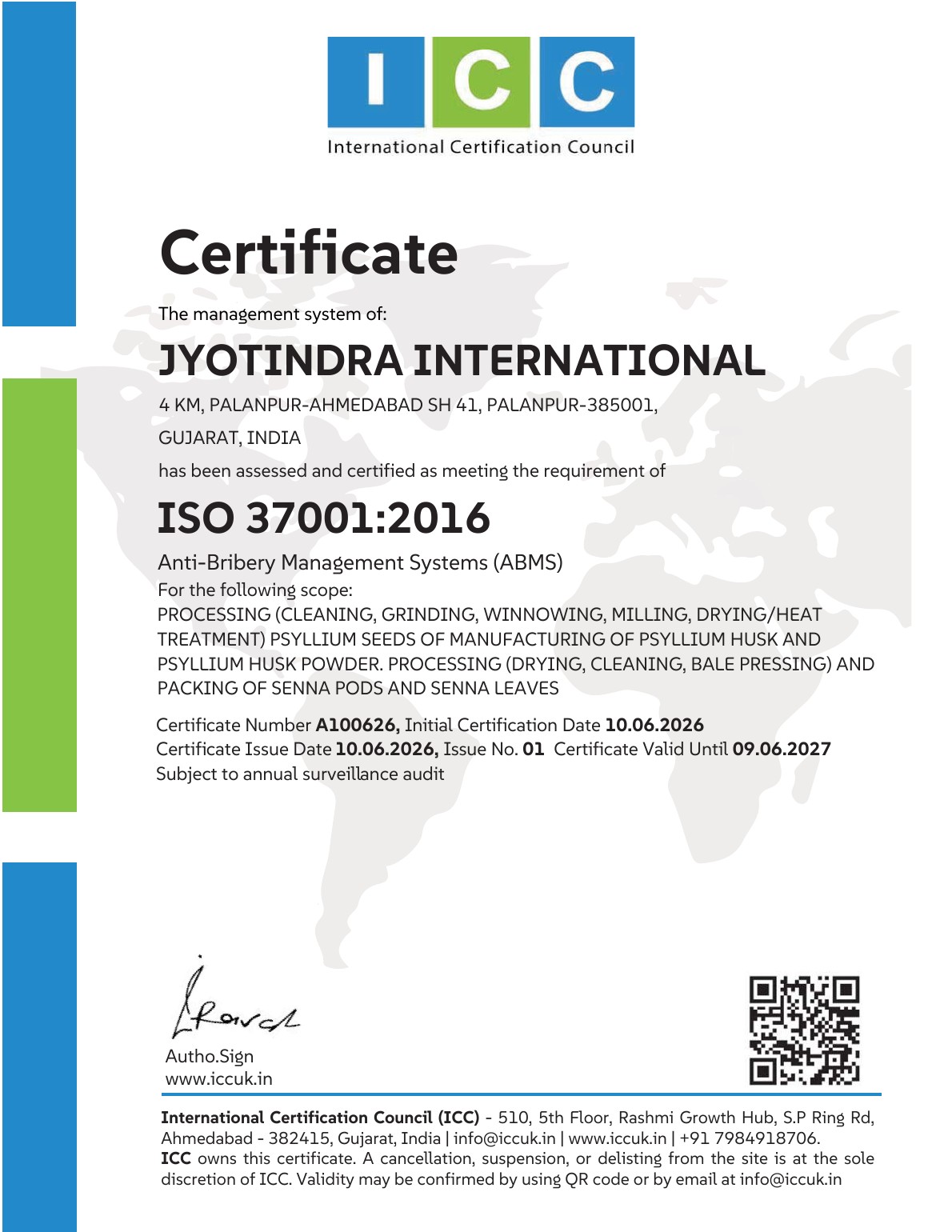 ISO 37001 2016 Anti-Bribery Management System certificate